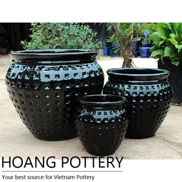 Black Ceramic Glazed outdoor round planter