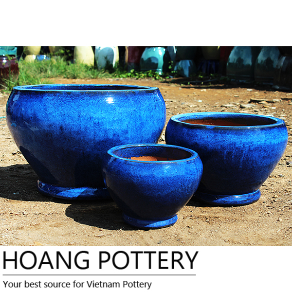 Cheap Blue Round Outdoor Glazed Ceramic Planters