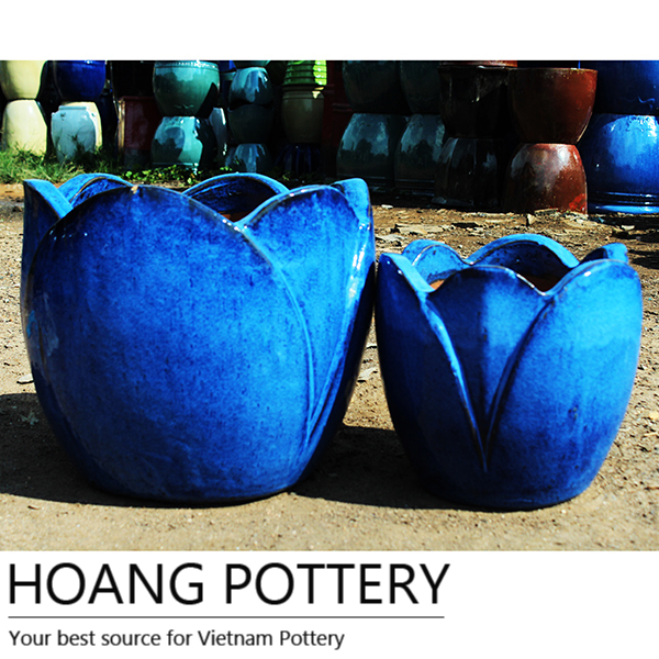 Flower Style Royal Blue Glazed Ceramic Planter From Vietnam