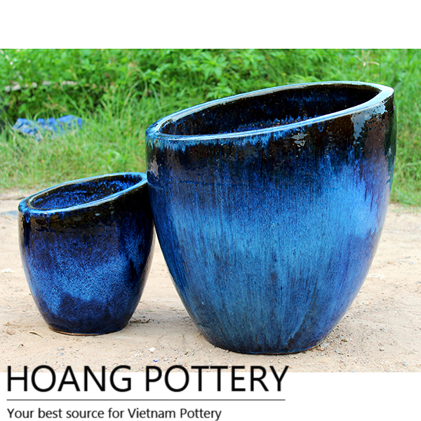 Royal Blue Round Outdoor Glazed Ceramic Planters