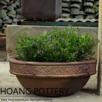 Antique Black Clay Flower Rim Bowl Pot (HPHP044)