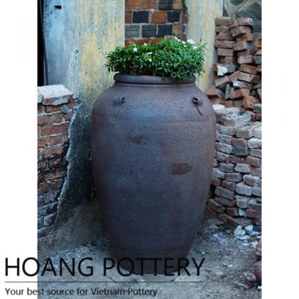 Tall Round Urn Black Clay Flower Pot outdoor (HPHP087)