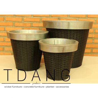 3 Piece Round Plastic Resin Wicker Planter Set With Decor Zinc Pots (TDW024)