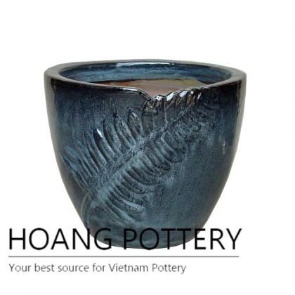 Glossy black leaf round ceramic pot