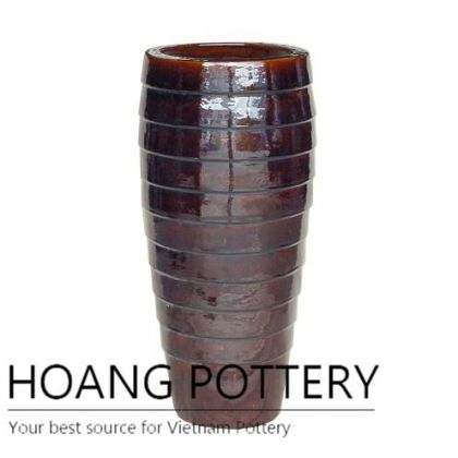 Glossy brown tall round flower pot
