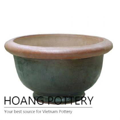 Low round burnt green ceramic flower pot