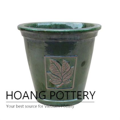 Low round leaf pattern ceramic pot