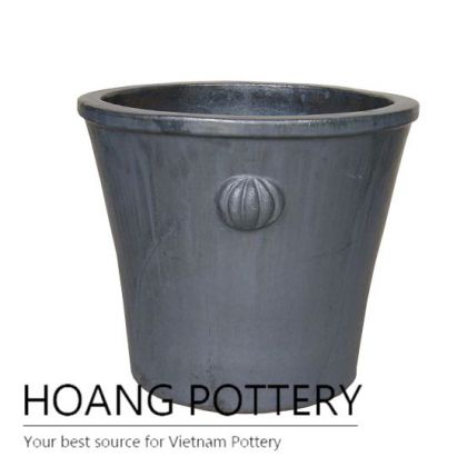 Matt black low round pattern ceramic pot