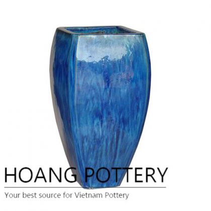 Tall blue square ceramic flower pot