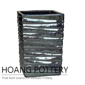 Glossy black tall square ceramic planter