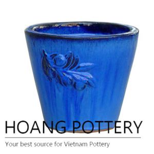 Olive blue low round ceramic pot