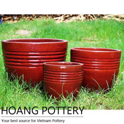 Ceramic Round Red Pots with Rings Pattern (HPVN005)