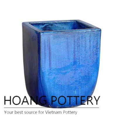 Blue ceramic round bottom planter