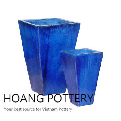 Blue tall square ceramic garden pot