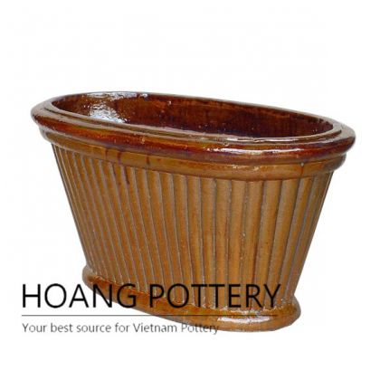 Brown low oval ceramic garden pot