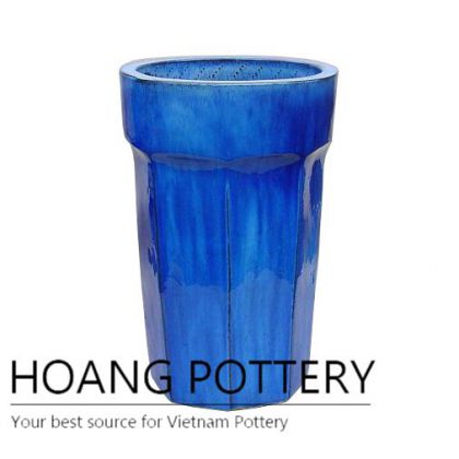 Hexagon bottom blue tall round ceramic pot