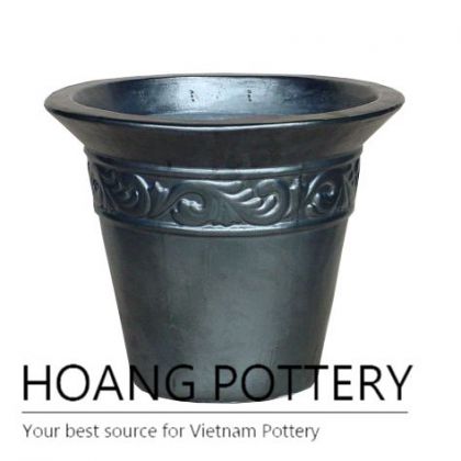 Matt black top pattern medium round ceramic pot