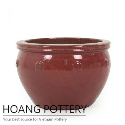 Red low round button ceramic planter
