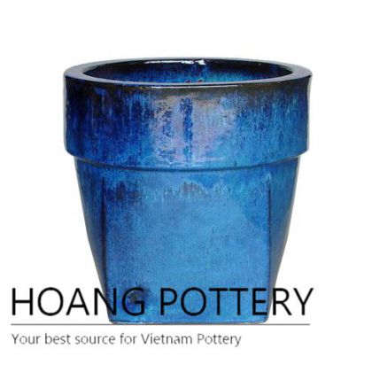 Square bottom round blue ceramic planter