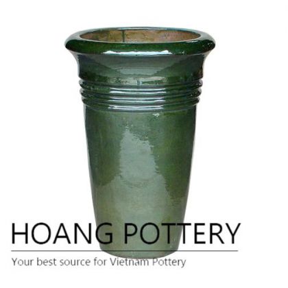 Three ring glossy green tall round ceramic pot